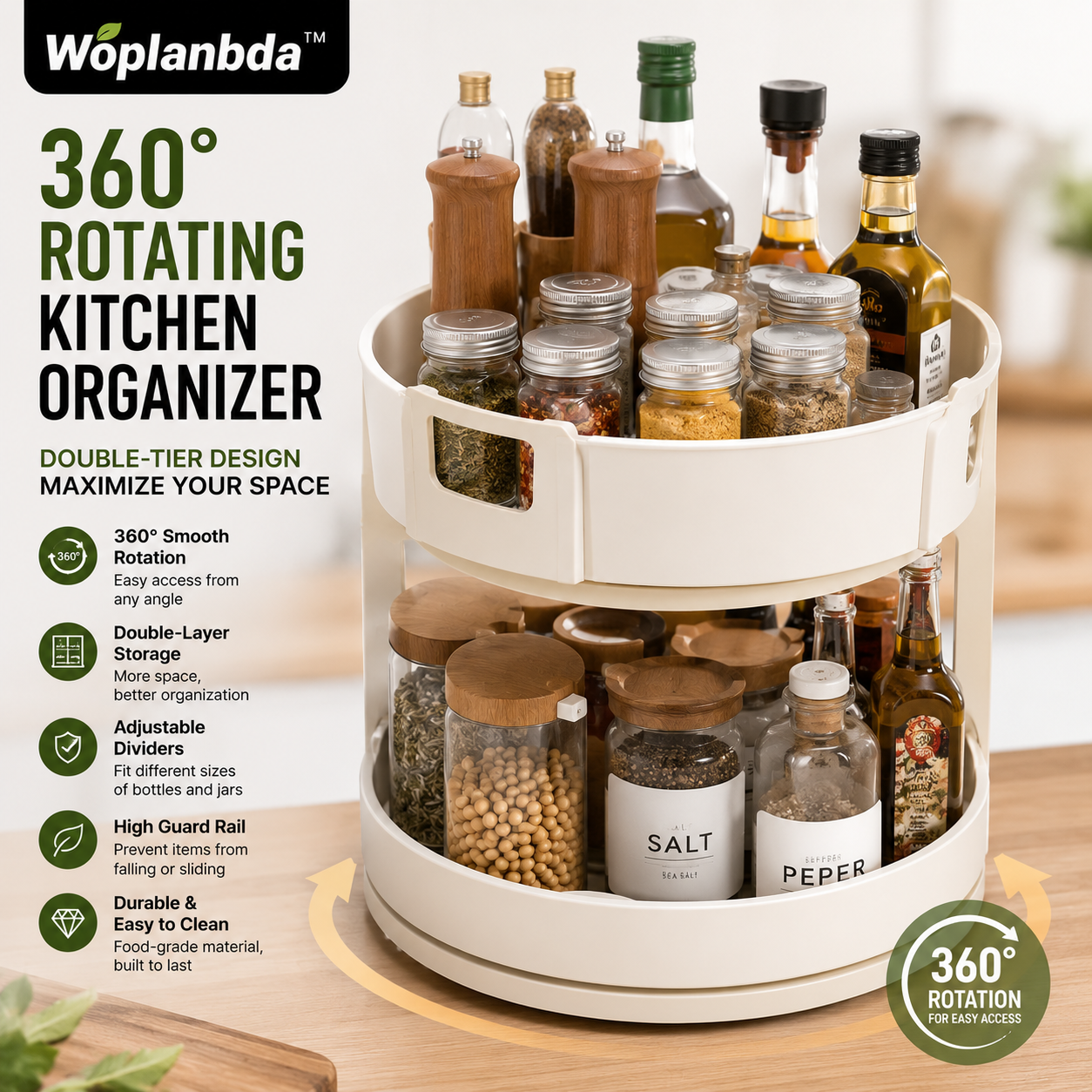 Woplanbda™ 360° Double-Tier Rotating Kitchen Organizer